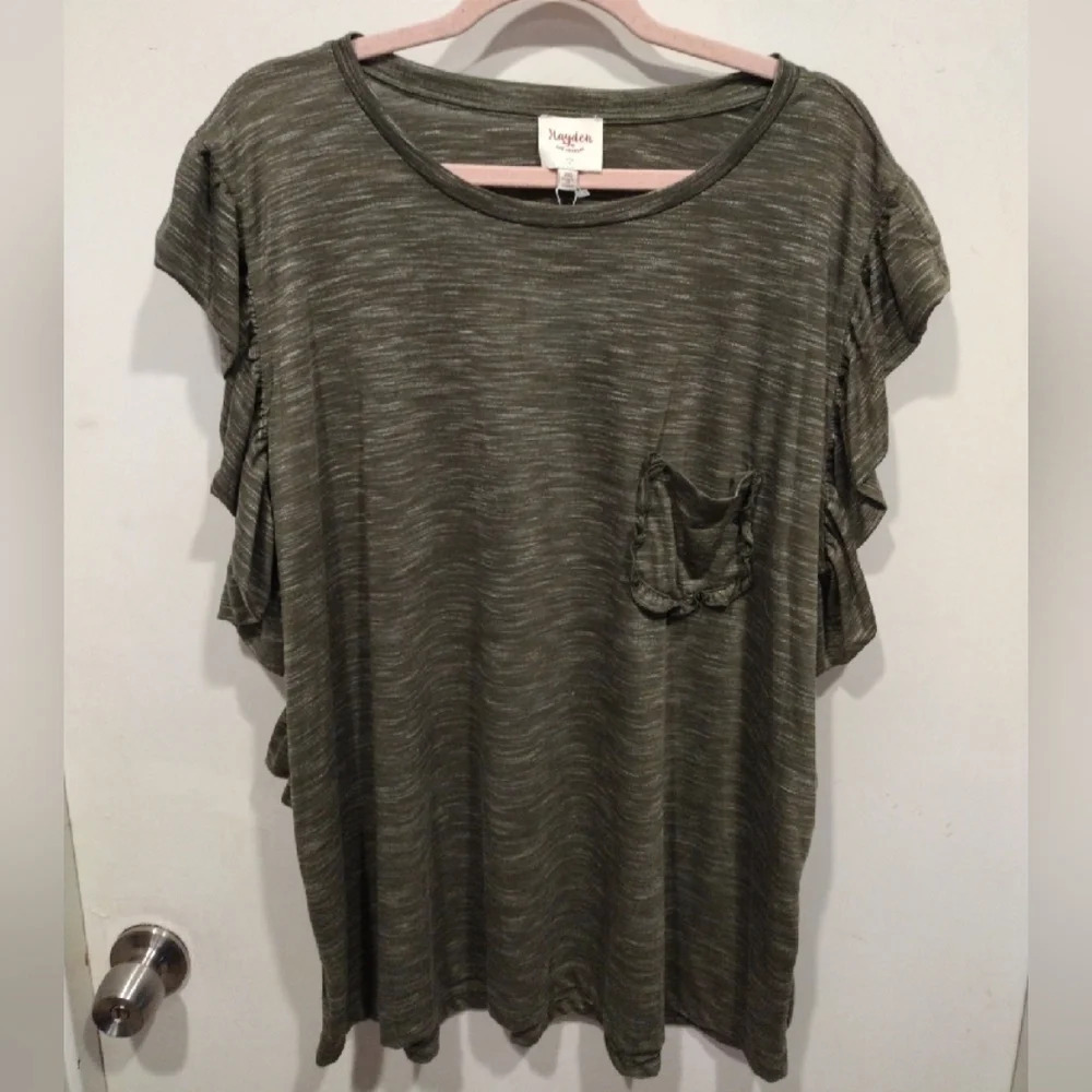 NWT Hayden Heathered Olive Green Ruffle Sleeve Casual Top Sz 2X-Cottagecore Boho